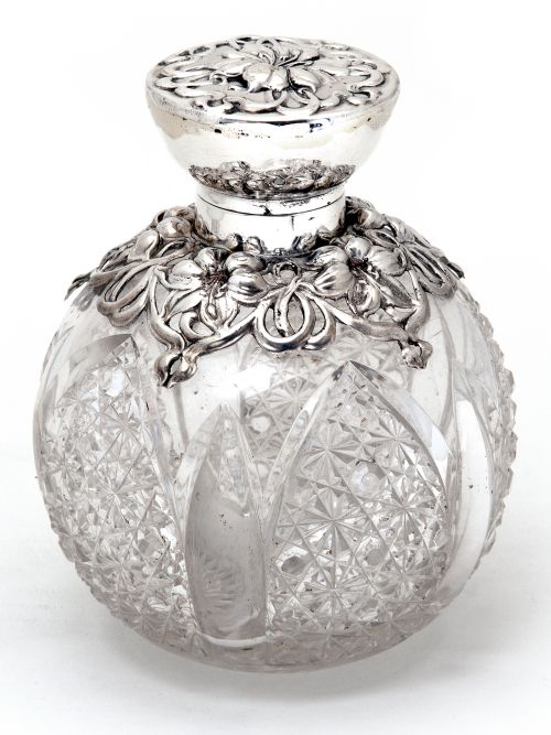 edwardian silver cut glass perfume bottle in an art nouveau style with silver floral shoulders - CATEGORY: ANTIQUE SILVER - DATED 1900