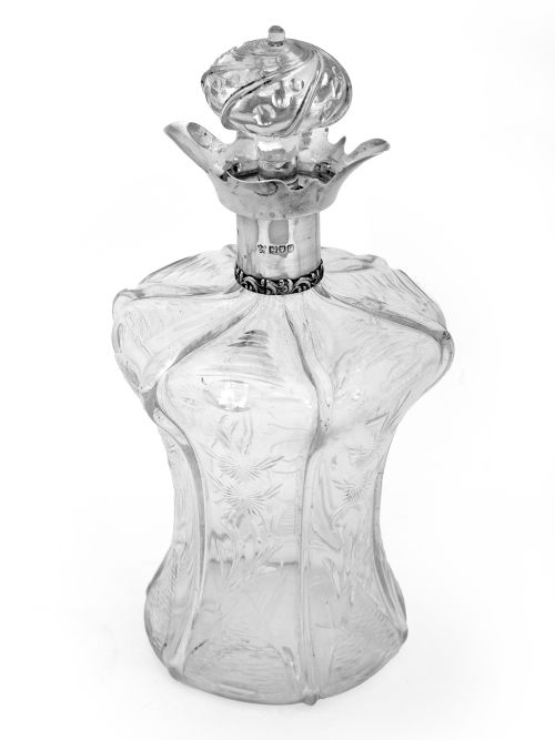 edwardian silver and cut glass decanter with a four way silver pouring spout - CATEGORY: ANTIQUE SILVER - DATED 1900