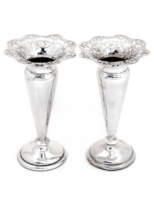 pair victorian silver trumpet shaped vases with pierced floral petal shaped flared rims - CATEGORY: ANTIQUE SILVER - DATED 1890