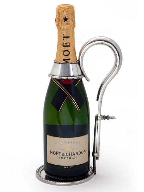 SILVER PLATE CHAMPAGNE OR WINE BOTTLE HOLDER WITH EXTENDABLE HANDLE ON A CIRCULAR BEADED BASE - ADDITIONAL PHOTO 1