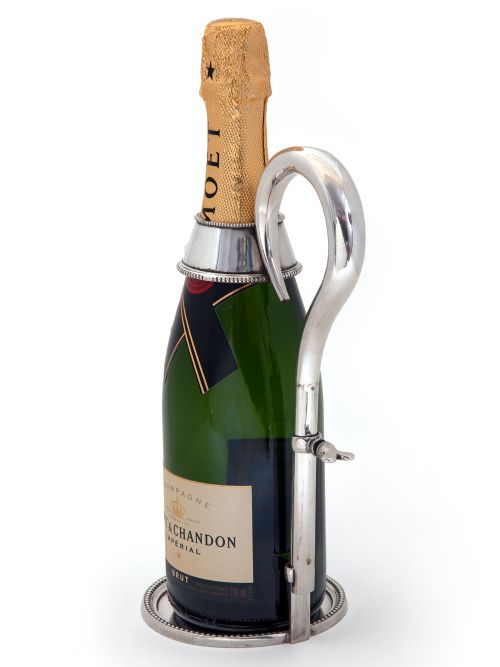 SILVER PLATE CHAMPAGNE OR WINE BOTTLE HOLDER WITH EXTENDABLE HANDLE ON A CIRCULAR BEADED BASE - ADDITIONAL PHOTO 2