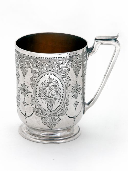 victorian silver childs or christening mug with hand engraved cartouche and floral scenes - CATEGORY: ANTIQUE SILVER - DATED 1880