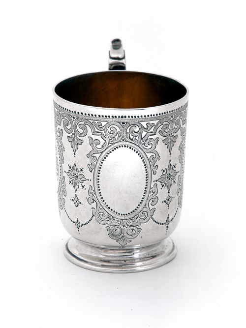 VICTORIAN SILVER CHILDS OR CHRISTENING MUG WITH HAND ENGRAVED CARTOUCHE AND FLORAL SCENES - ADDITIONAL PHOTO 1