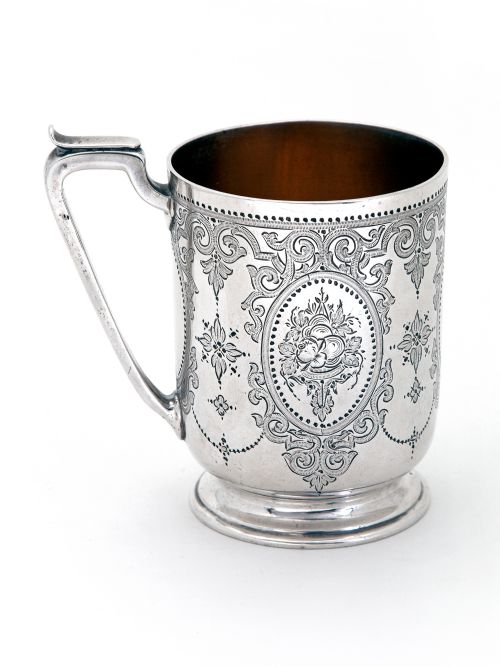 VICTORIAN SILVER CHILDS OR CHRISTENING MUG WITH HAND ENGRAVED CARTOUCHE AND FLORAL SCENES - ADDITIONAL PHOTO 2