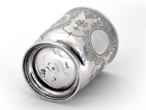 VICTORIAN SILVER CHILDS OR CHRISTENING MUG WITH HAND ENGRAVED CARTOUCHE AND FLORAL SCENES - ADDITIONAL PHOTO 3