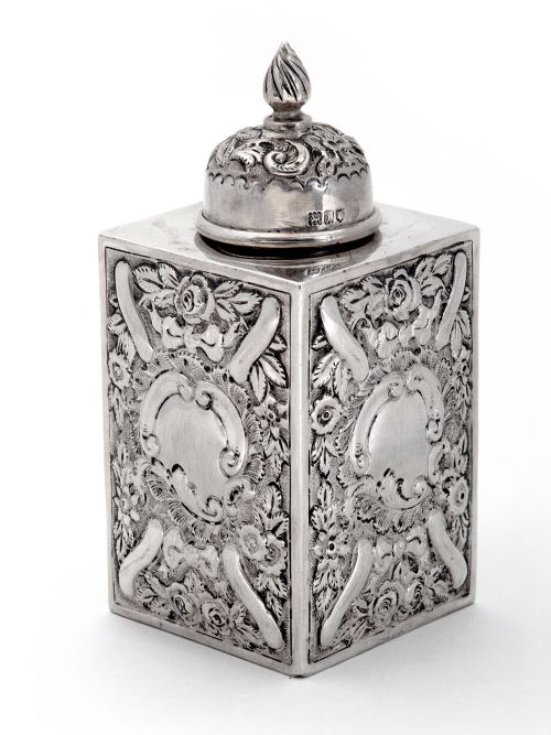 edwardian heavily chased silver tea caddy - CATEGORY: ANTIQUE SILVER - DATED 1900