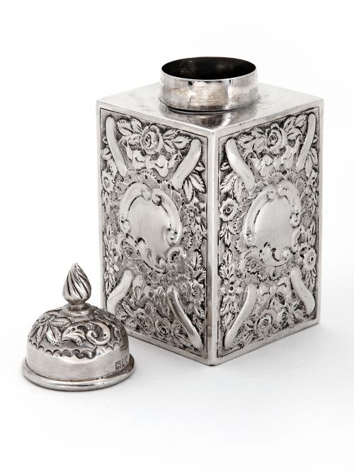 EDWARDIAN HEAVILY CHASED SILVER TEA CADDY - ADDITIONAL PHOTO 2