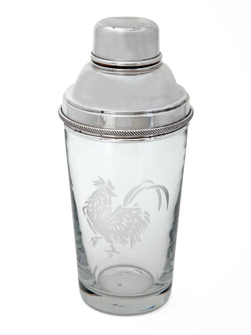 silver plated cocktail shaker with etched cockerel motif - CATEGORY: ANTIQUE SILVER - DATED 1940