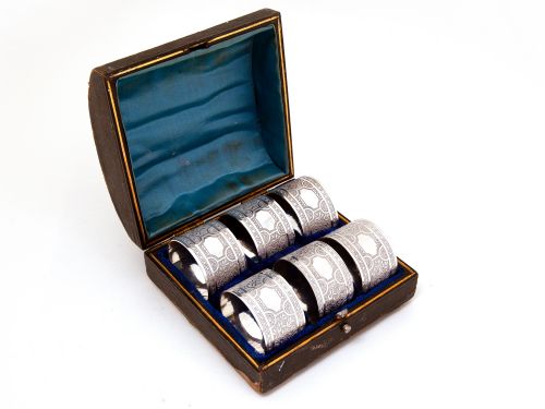 boxed set of six late victorian english silver plated napkin rings - CATEGORY: ANTIQUE SILVER - DATED 1890