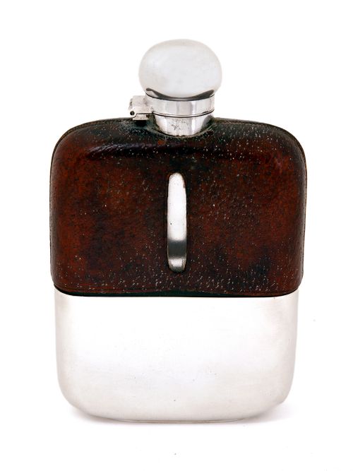 large edwardian silver plate and leather hip flask - CATEGORY: ANTIQUE SILVER - DATED 1910