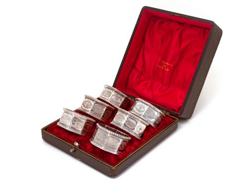 boxed set of six late victorian silver plated octagonal napkin rings - CATEGORY: ANTIQUE SILVER - DATED 1890