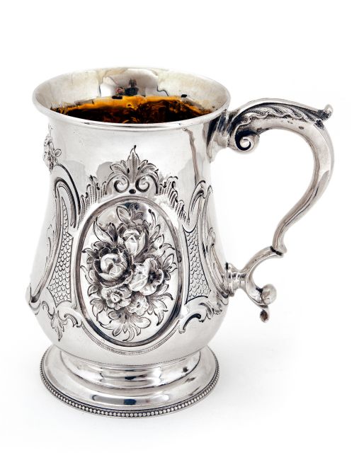 victorian baluster shaped silver pint mug chased with rococo flowers - CATEGORY: ANTIQUE SILVER - DATED 1860