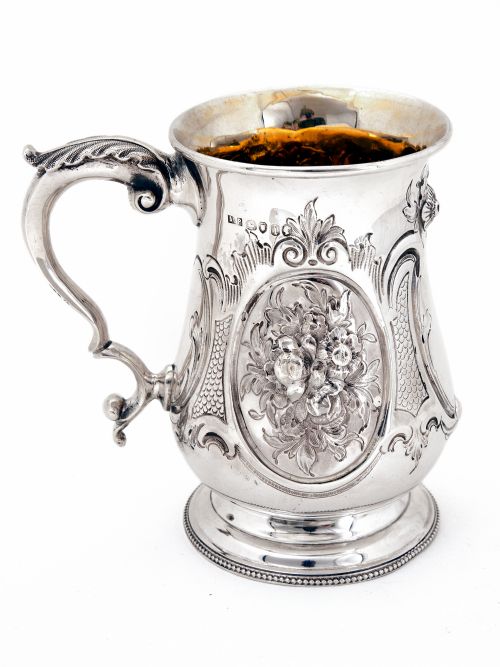 VICTORIAN BALUSTER SHAPED SILVER PINT MUG CHASED WITH ROCOCO FLOWERS - ADDITIONAL PHOTO 1