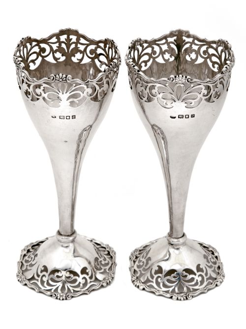 pair of trumpet shaped silver vases with cast floral mounts and scroll piercing - CATEGORY: ANTIQUE SILVER - DATED 1920