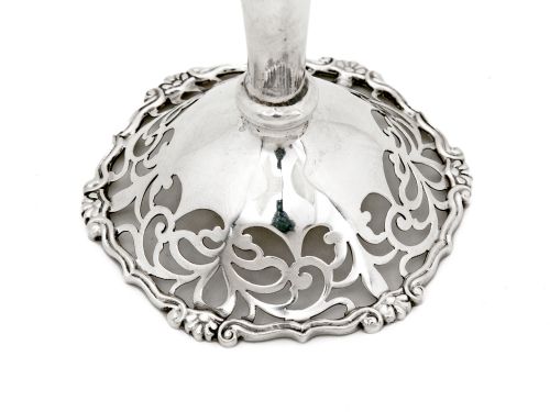 PAIR OF TRUMPET SHAPED SILVER VASES WITH CAST FLORAL MOUNTS AND SCROLL PIERCING - ADDITIONAL PHOTO 1