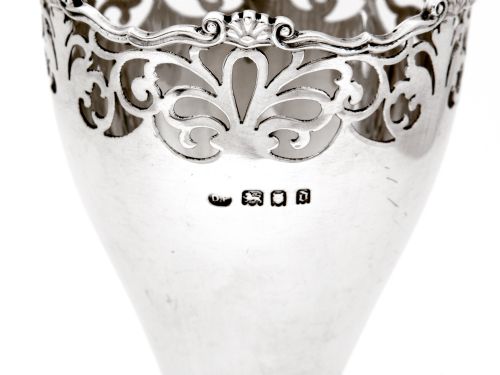 PAIR OF TRUMPET SHAPED SILVER VASES WITH CAST FLORAL MOUNTS AND SCROLL PIERCING - ADDITIONAL PHOTO 2