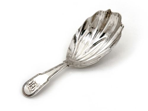 georgian silver tea caddy spoon with a scalloped shaped bowl - CATEGORY: ANTIQUE SILVER - DATED 1750