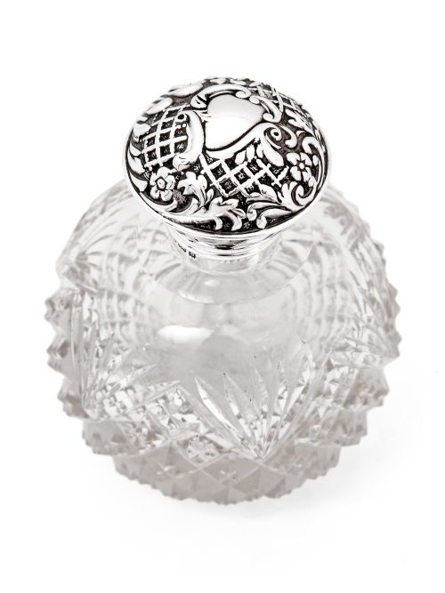 edwardian silver top perfume bottle with a scroll lattice floral decorated lid - CATEGORY: ANTIQUE SILVER - DATED 1900