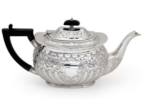 edwardian edinburgh silver tea pot chased with scrolls and flowers - CATEGORY: ANTIQUE SILVER - DATED 1900