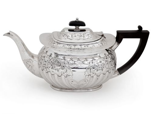 EDWARDIAN EDINBURGH SILVER TEA POT CHASED WITH SCROLLS AND FLOWERS - ADDITIONAL PHOTO 2