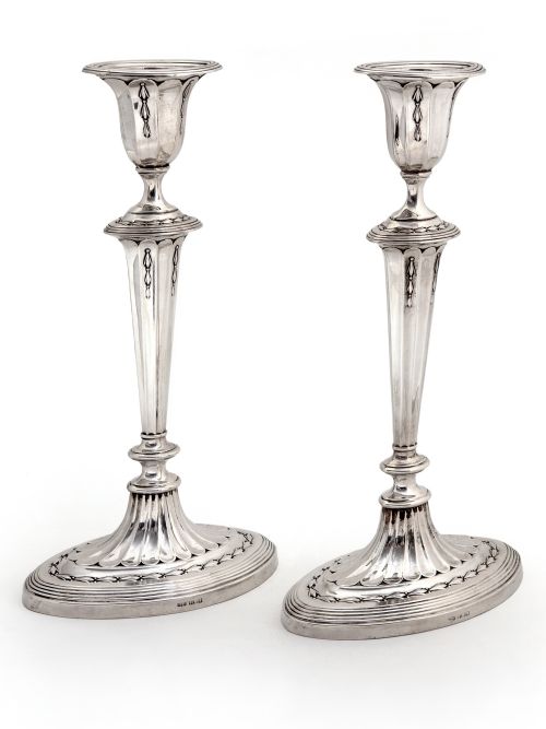 edwardian adams style silver candlesticks with fluted columns - CATEGORY: ANTIQUE SILVER - DATED 1900