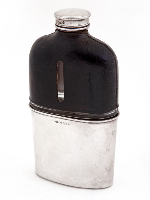 victorian silver and black leather bound hip flask with a gilt lined cup - CATEGORY: ANTIQUE SILVER - DATED 1880