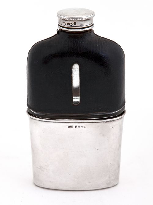 VICTORIAN SILVER AND BLACK LEATHER BOUND HIP FLASK WITH A GILT LINED CUP - ADDITIONAL PHOTO 1