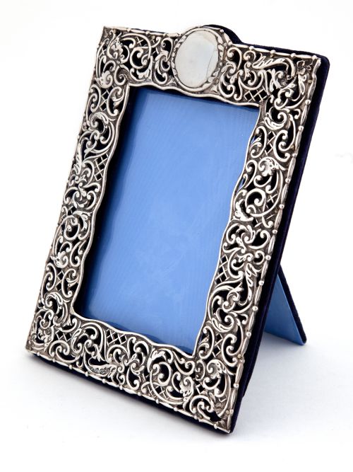 ornate antique silver photo picture frame with blue velvet back - CATEGORY: ANTIQUE SILVER - DATED 1900