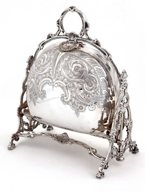 victorian silver plated folding biscuit box with cast handle and ornate legs - CATEGORY: ANTIQUE SILVER - DATED 1880