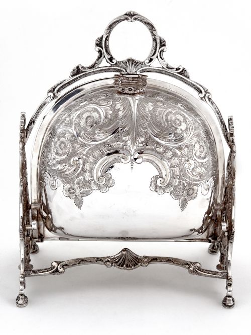 VICTORIAN SILVER PLATED FOLDING BISCUIT BOX WITH CAST HANDLE AND ORNATE LEGS - ADDITIONAL PHOTO 1