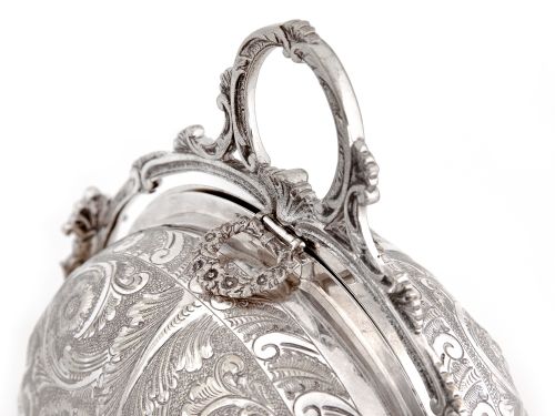 VICTORIAN SILVER PLATED FOLDING BISCUIT BOX WITH CAST HANDLE AND ORNATE LEGS - ADDITIONAL PHOTO 2