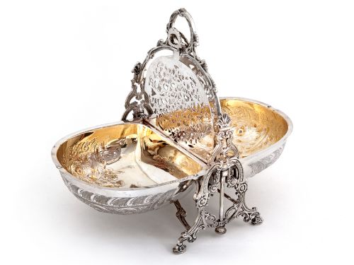 VICTORIAN SILVER PLATED FOLDING BISCUIT BOX WITH CAST HANDLE AND ORNATE LEGS - ADDITIONAL PHOTO 3