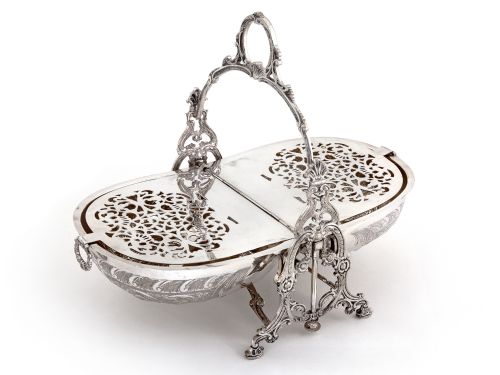 VICTORIAN SILVER PLATED FOLDING BISCUIT BOX WITH CAST HANDLE AND ORNATE LEGS - ADDITIONAL PHOTO 5
