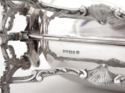 VICTORIAN SILVER PLATED FOLDING BISCUIT BOX WITH CAST HANDLE AND ORNATE LEGS - ADDITIONAL PHOTO 6