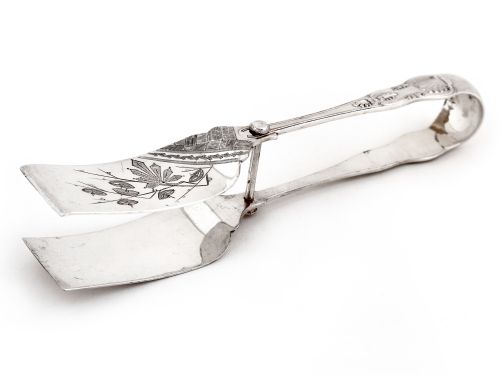 AESTHETIC MOVEMENT ENGRAVED PAIR OF SILVER PLATED ASPARAGUS TONGS - ADDITIONAL PHOTO 1