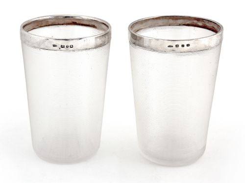 pair of victorian threaded clear glass beakers with silver rims - CATEGORY: ANTIQUE SILVER - DATED 1890