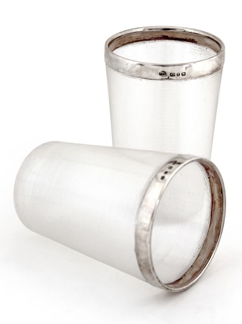 PAIR OF VICTORIAN THREADED CLEAR GLASS BEAKERS WITH SILVER RIMS - ADDITIONAL PHOTO 1