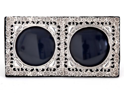 EDWARDIAN DOUBLE WINDOW SILVER PHOTO FRAME WITH A FLORAL BORDER - ADDITIONAL PHOTO 1
