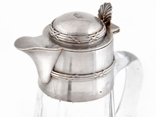 FRENCH SILVER MOUNTED AND GLASS CLARET JUG WITH A HINGED DOMED COVER ENGRAVED WITH A CORONET - ADDITIONAL PHOTO 2