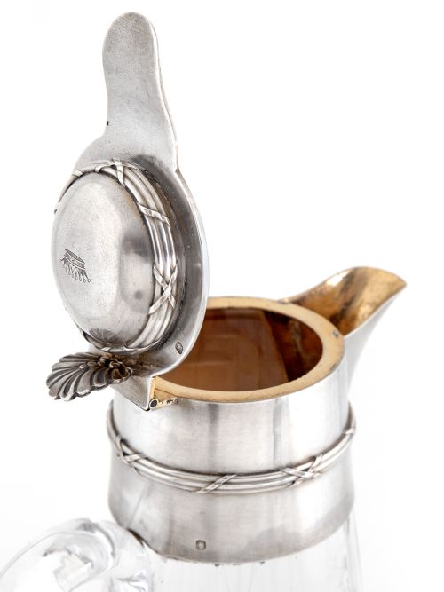 FRENCH SILVER MOUNTED AND GLASS CLARET JUG WITH A HINGED DOMED COVER ENGRAVED WITH A CORONET - ADDITIONAL PHOTO 3