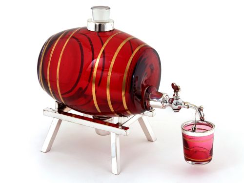 hukin heath spirit barrel with a silver plated spigot and cranberry and gilt glass barrel - CATEGORY: ANTIQUE GLASS - DATED 1890