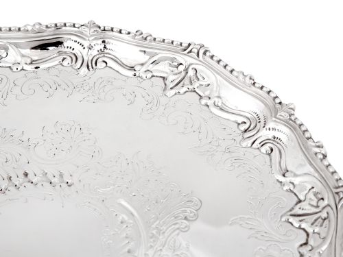 ANTIQUE SILVER PLATED SALVER WITH FLORAL AND SCROLL CHASING - ADDITIONAL PHOTO 1