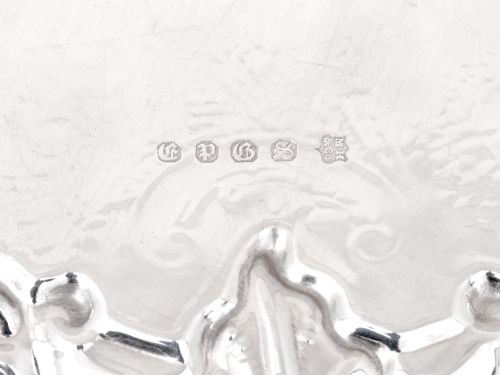 ANTIQUE SILVER PLATED SALVER WITH FLORAL AND SCROLL CHASING - ADDITIONAL PHOTO 2