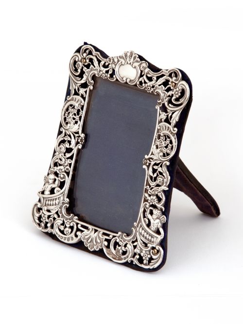 antique silver william comyns photo frame decorated with flowers scrolls and cherubs - CATEGORY: ANTIQUE SILVER - DATED 1890
