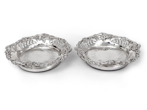 pair of antique silver plated coasters with cast grape and vine borders - CATEGORY: ANTIQUE SILVER - DATED 1870