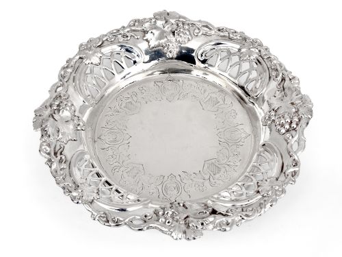 PAIR OF ANTIQUE SILVER PLATED COASTERS WITH CAST GRAPE AND VINE BORDERS - ADDITIONAL PHOTO 1