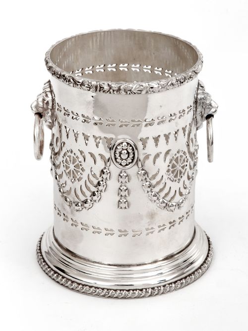 silver plated bottle stand with lion mask looped handles - CATEGORY: ANTIQUE SILVER - DATED 1890