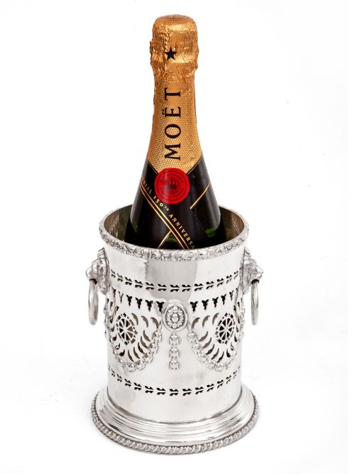 SILVER PLATED BOTTLE STAND WITH LION MASK LOOPED HANDLES - ADDITIONAL PHOTO 1
