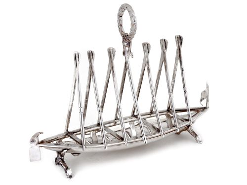 Silver Plated Rowing Boat Toast Rack with Oars, Rudder and Pennant Flag