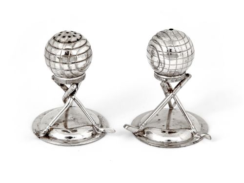silver plated golf theme salt and pepper condiments - CATEGORY: ANTIQUE SILVER - DATED 1910